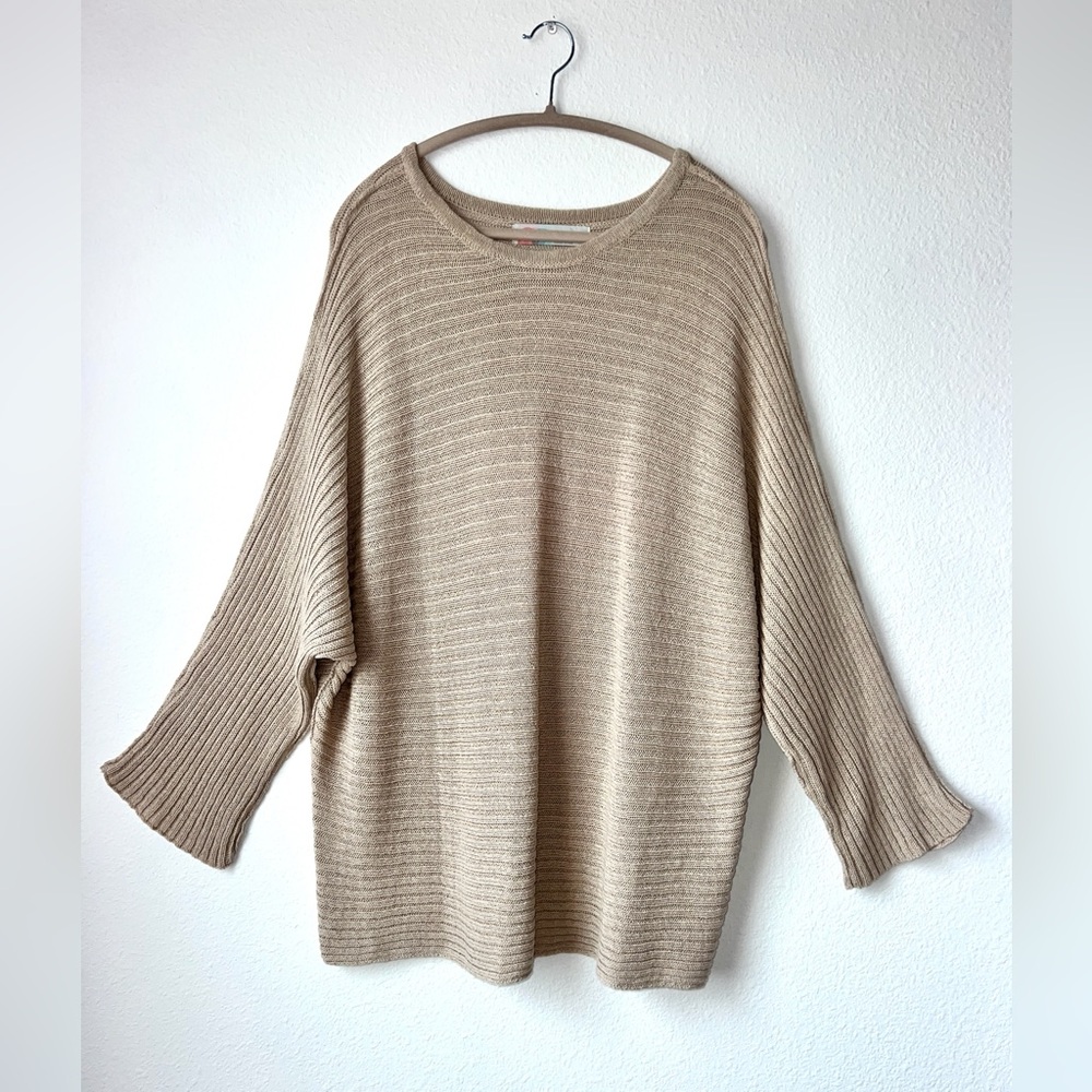 FREE PEOPLE Beach Knit Sweater Top Beige Ribbed Tunic‎ Round Neck Medium